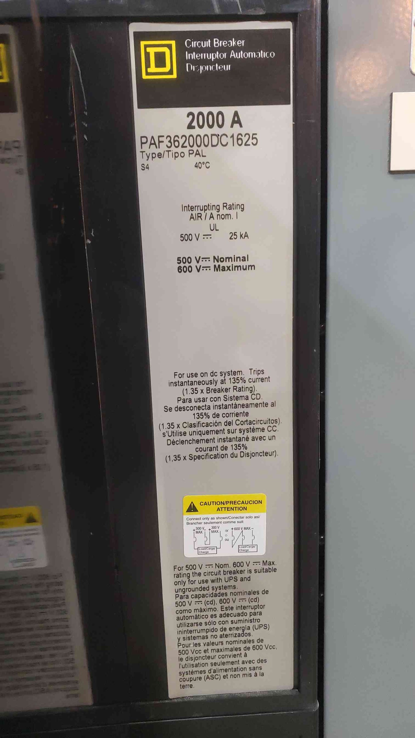Square D QED 2000A 500VDC Switchboard Battery Disconnect Cabinet GFM600 Breaker