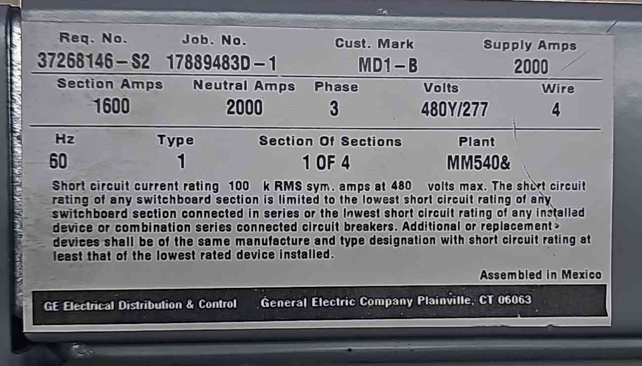 GE Power Break II 2000A 1600A 480V 3PH 100kA Switchboard Panelboard SSF16G216