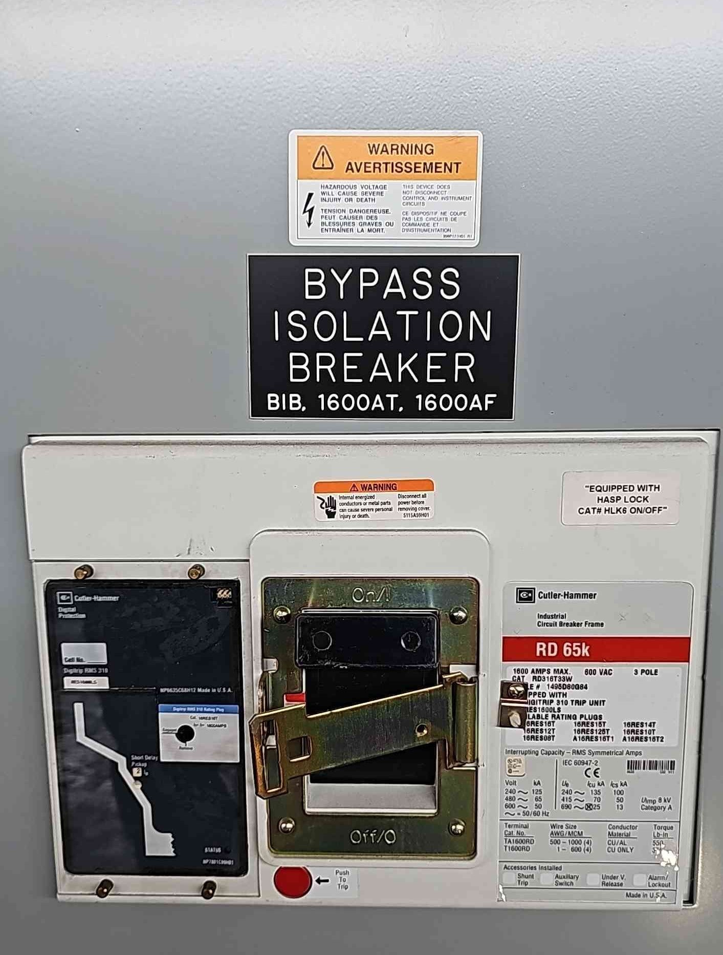 Eaton Cutler Hammer 1600A Switchboard 3x 1600 Amp RD Breakers UPS Bypass 480V