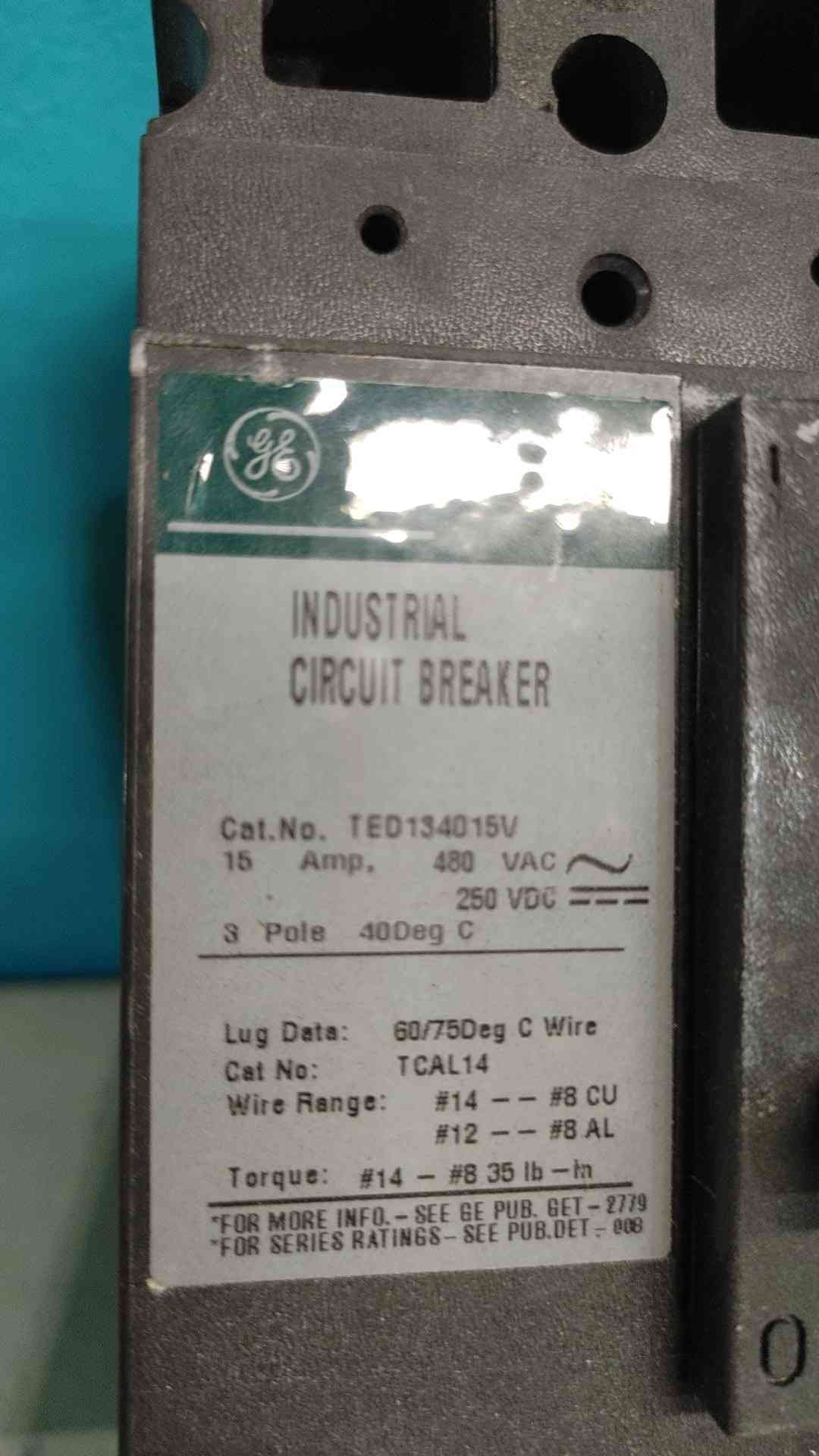 GE 15A (480vac) 2 Or 3 Pole Power Circuit Breaker (TED134015V) (Sku 113874)