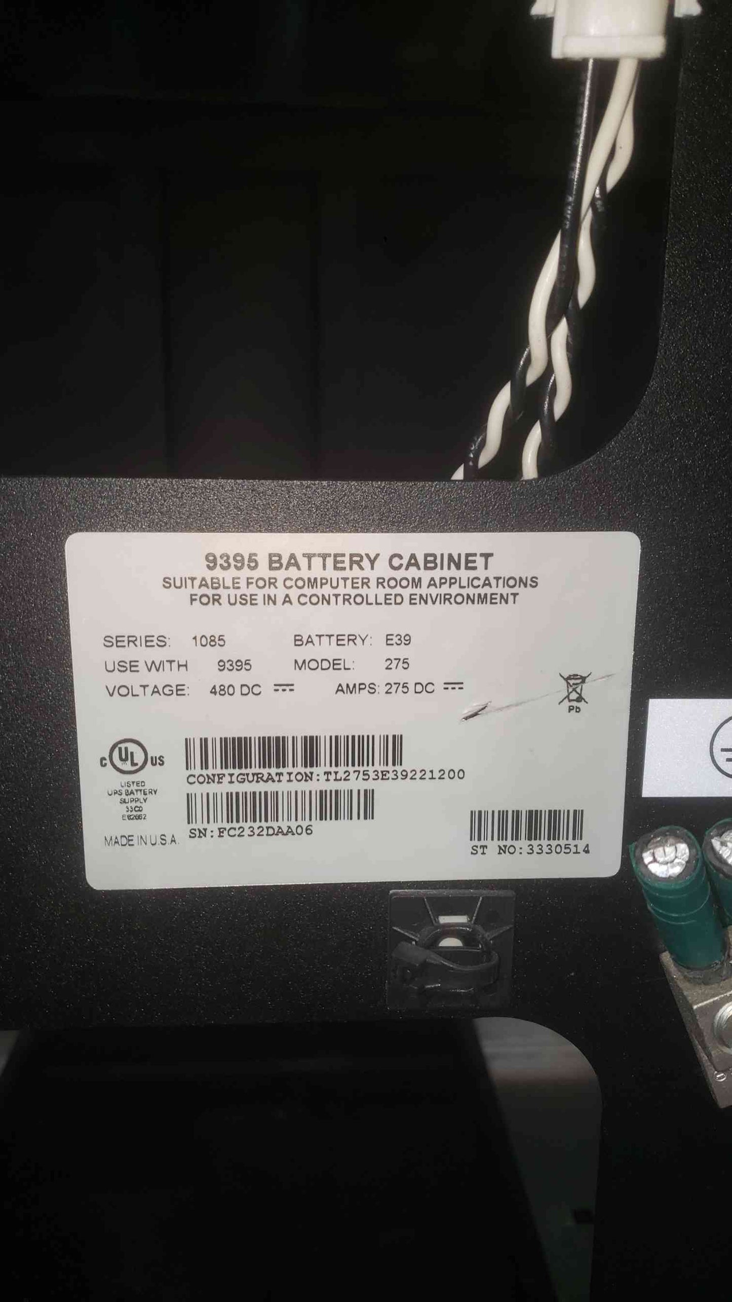 Eaton Powerware 9395 Battery Cabinet Enclosure 480V DC Series 1085 Model 275