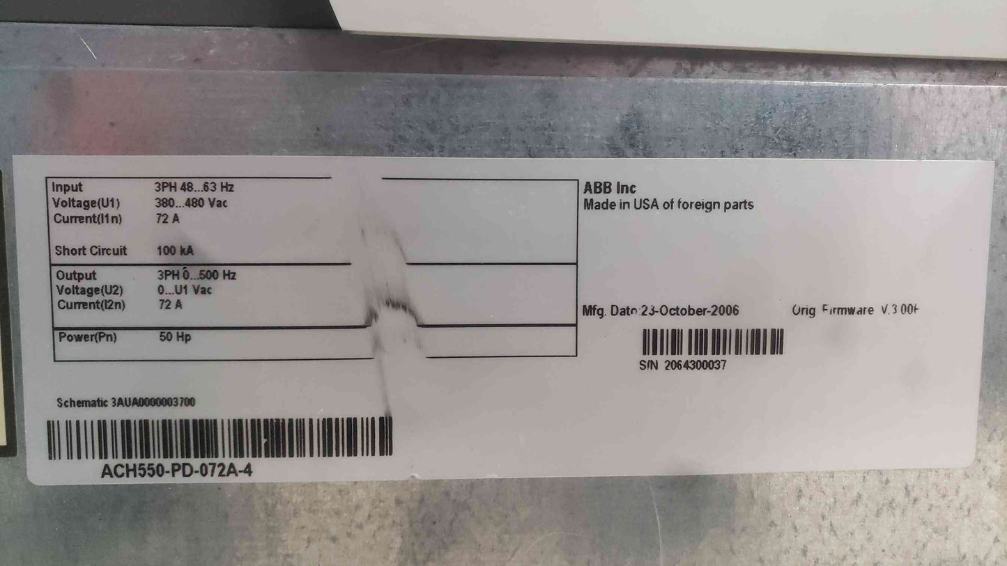 ABB ACH550-PD-072A-4 VFD Variable Frequency Drive 50HP 480V 3PH HVAC Disconnect