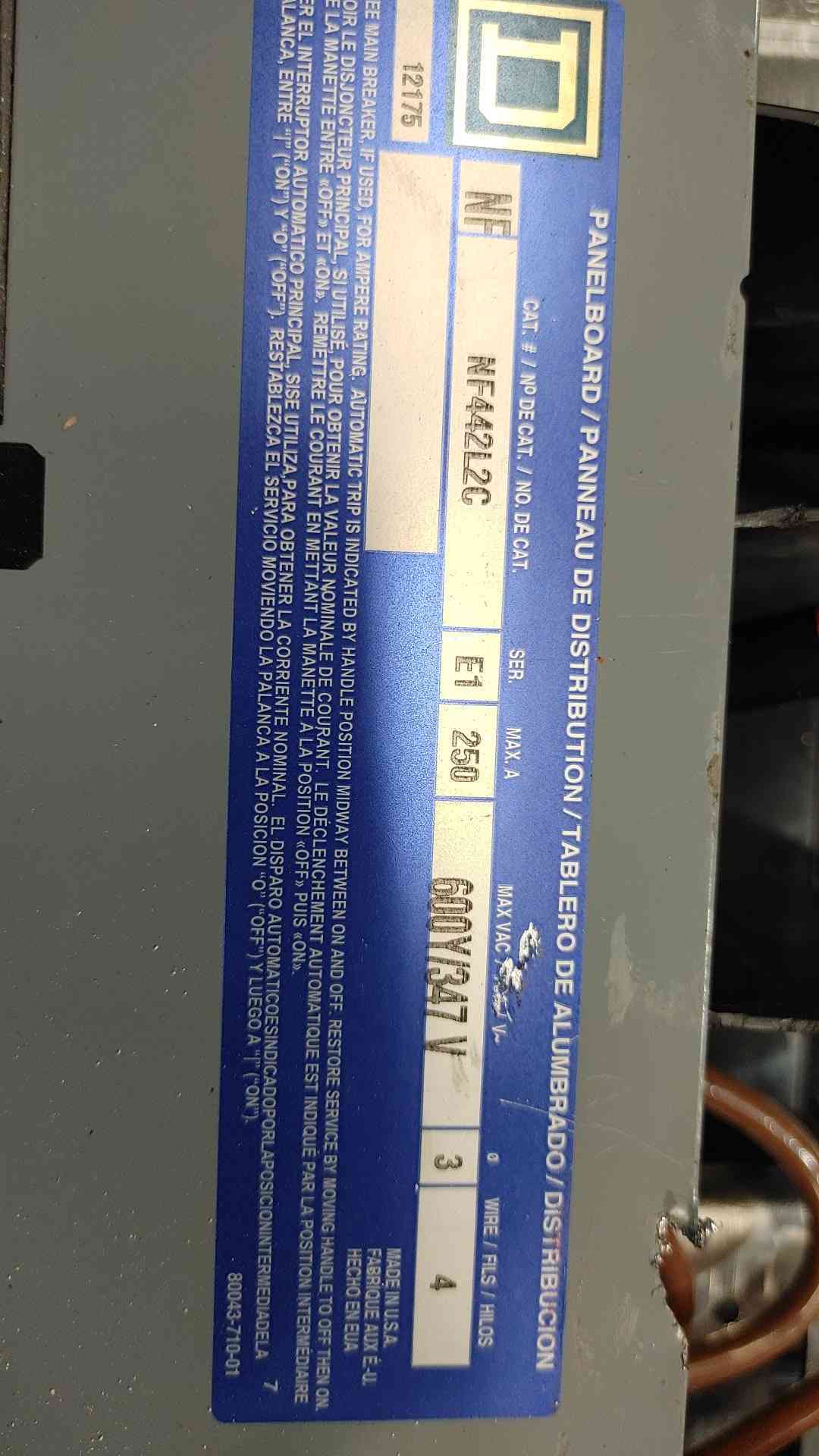 Square D 250 Amp 480V 3PH Panel W/ 100A 30A 20A EDB Bolt-On Breakers & Door