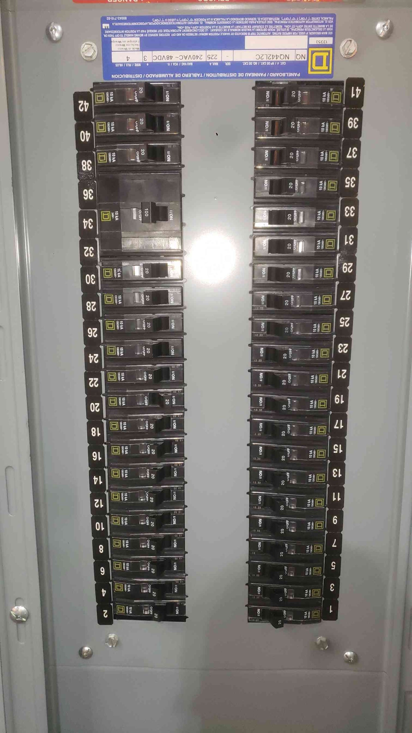 Square D NQ442L2C 225A 240V 3 Phase 42 Space Panelboard Enclosure 200A Main 20A