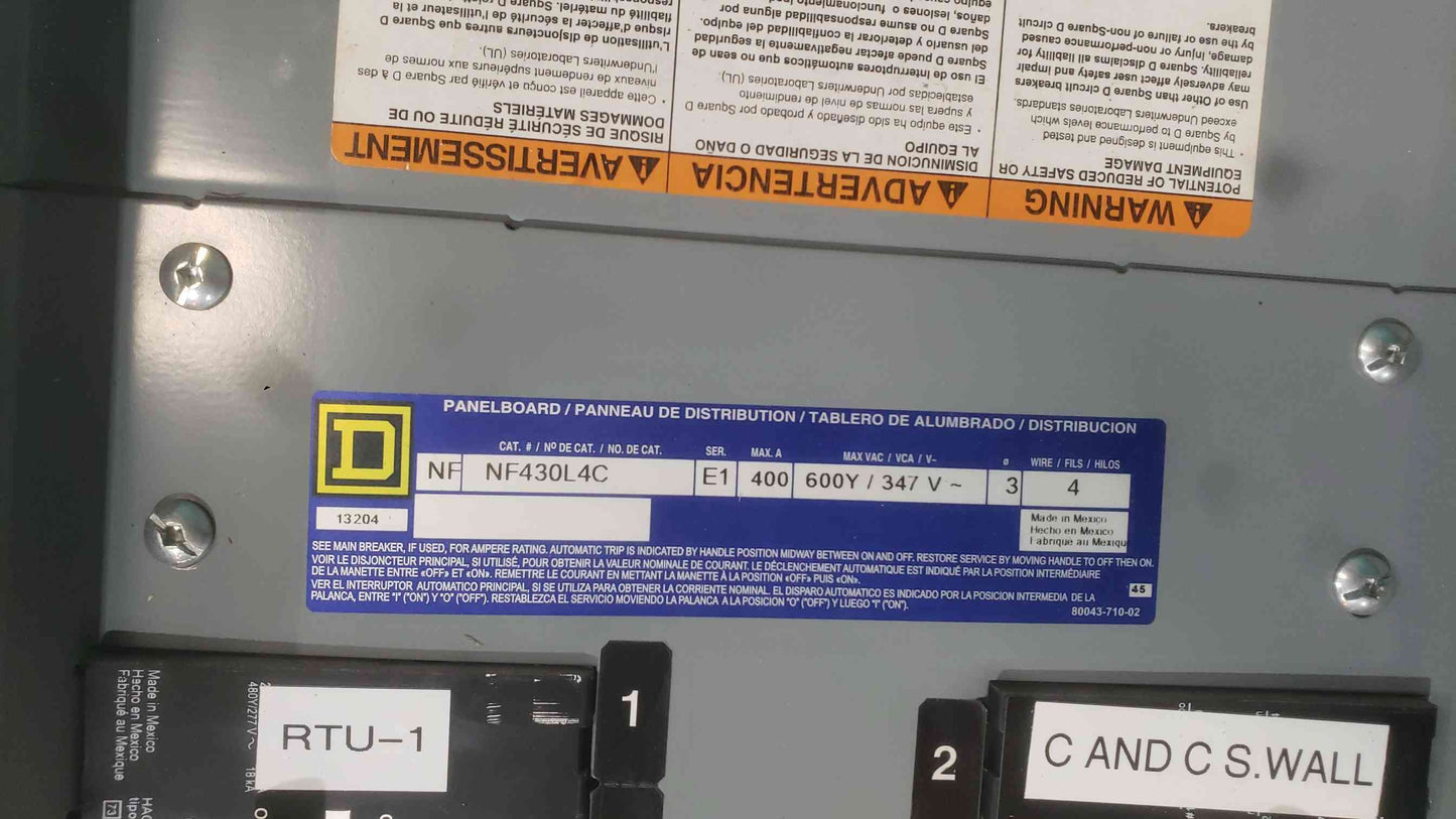 Square D NF430L4C 400A 600V 3 Phase Panelboard Panel W/ 200A 100A 30A Breakers