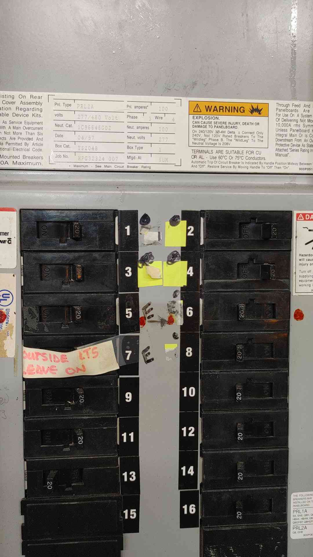 Cutler Hammer PRL2A 100A 480V 3 Phase Panelboard W/ EHD3100 Main & 15x 20A GHB