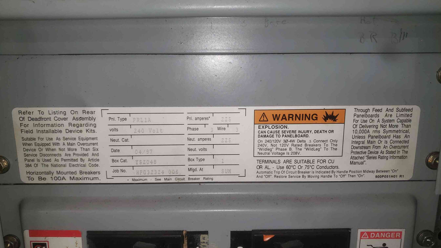 Cutler Hammer PRL1A 225A 240V 3 Phase Panelboard W/ ED3225 Main BAB Breakers