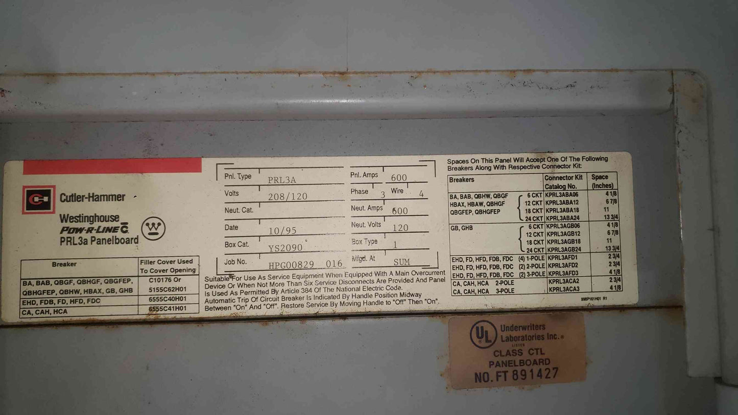 Cutler-Hammer 600A 208/120 3PH 4W Panelboard (SKU: 113921)