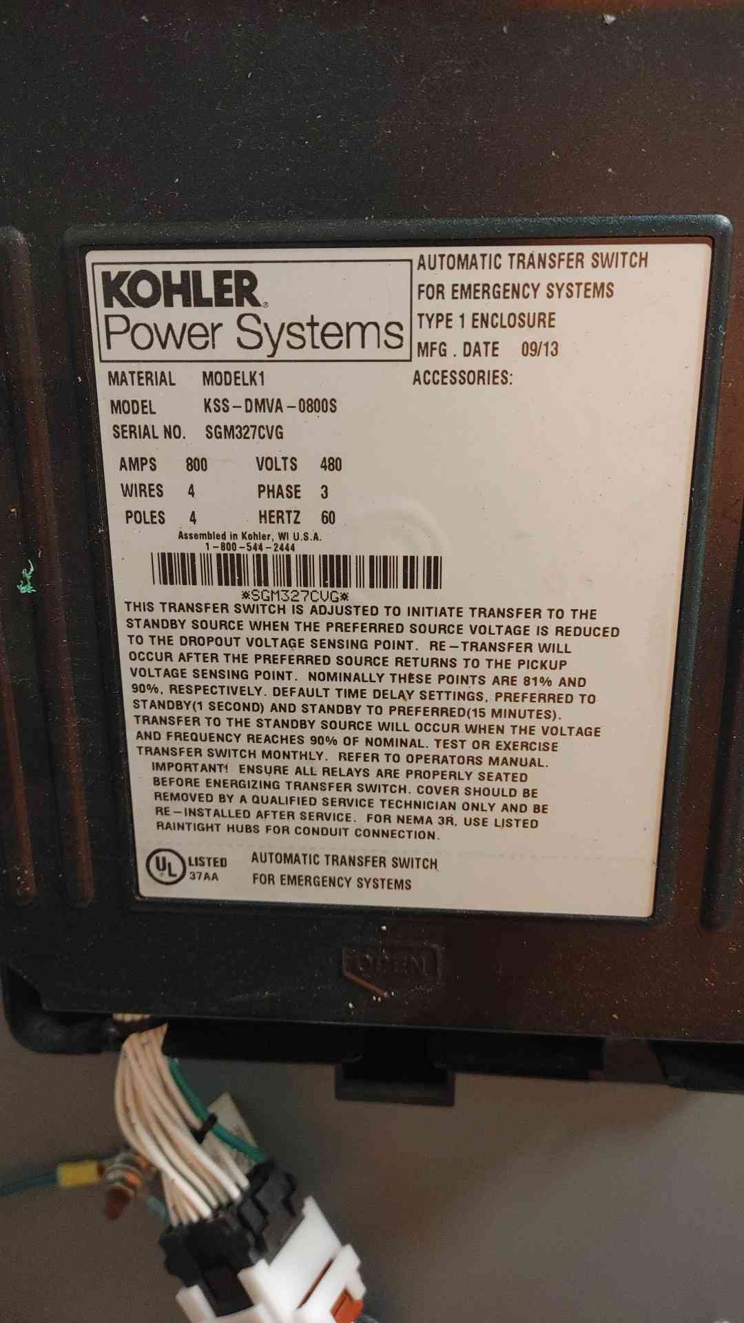 Kohler 800A 480V Automatic Transfer Switch ATS KSS-DMVA-0800S MPAC 1500 3Ph 4P