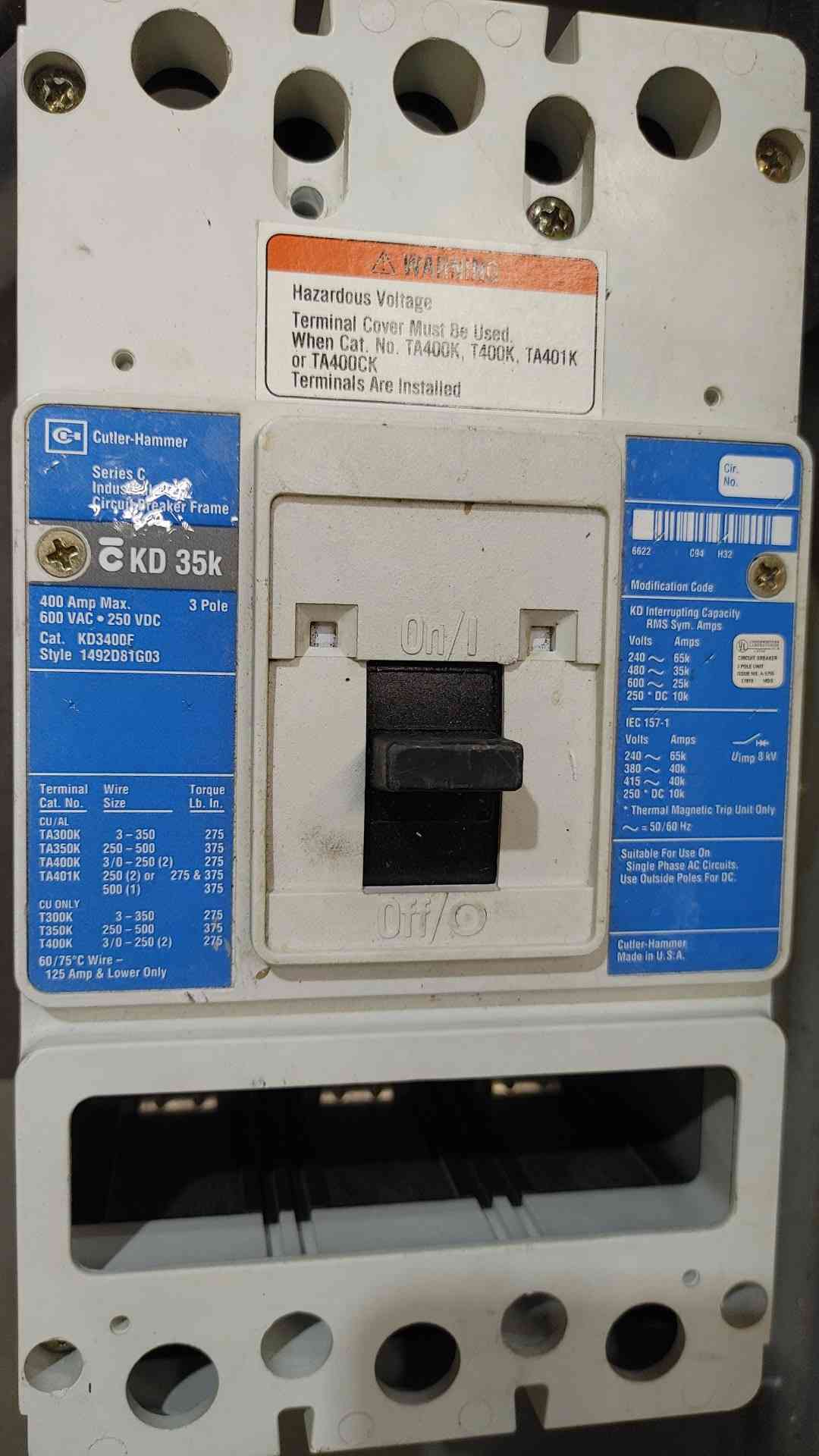 Square D 400A Safety Switch w/ Cutler-Hammer KD3400F 400A Breaker 600V