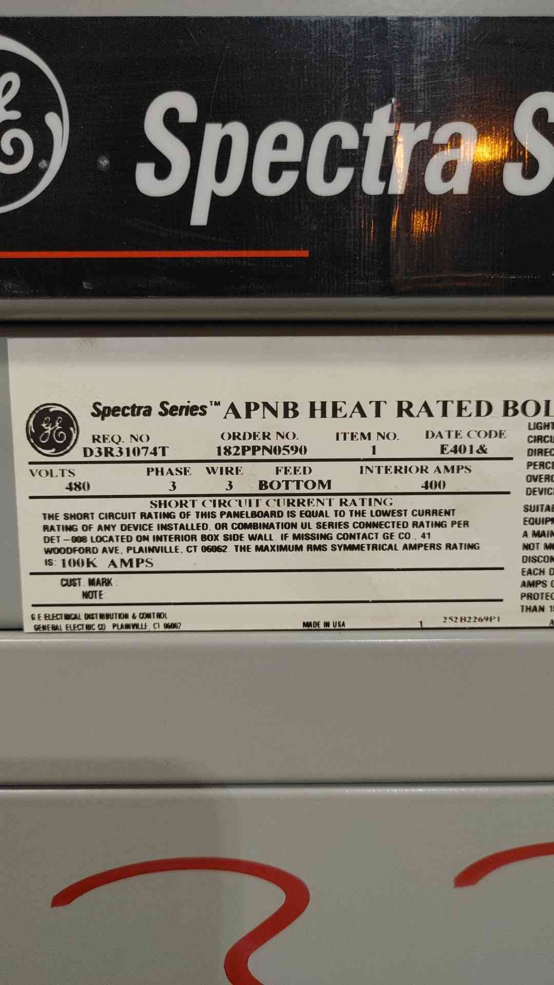 GE Spectra Series 400A, 480V, 3PH, 3W, Bottom Feed Panelbored (Sku 114026)