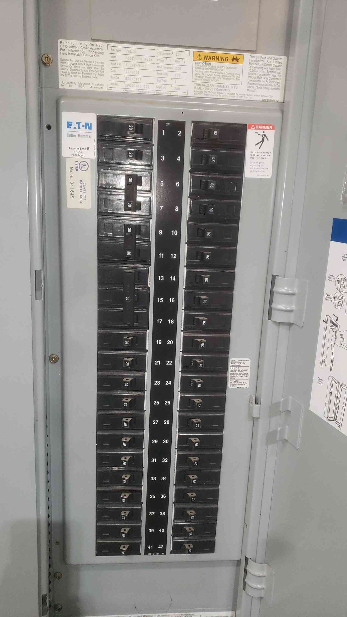 Eaton Cutler-Hammer PRL1A 225A 208Y/120V 3PH 42 Circuit Panelboard Box Breakers