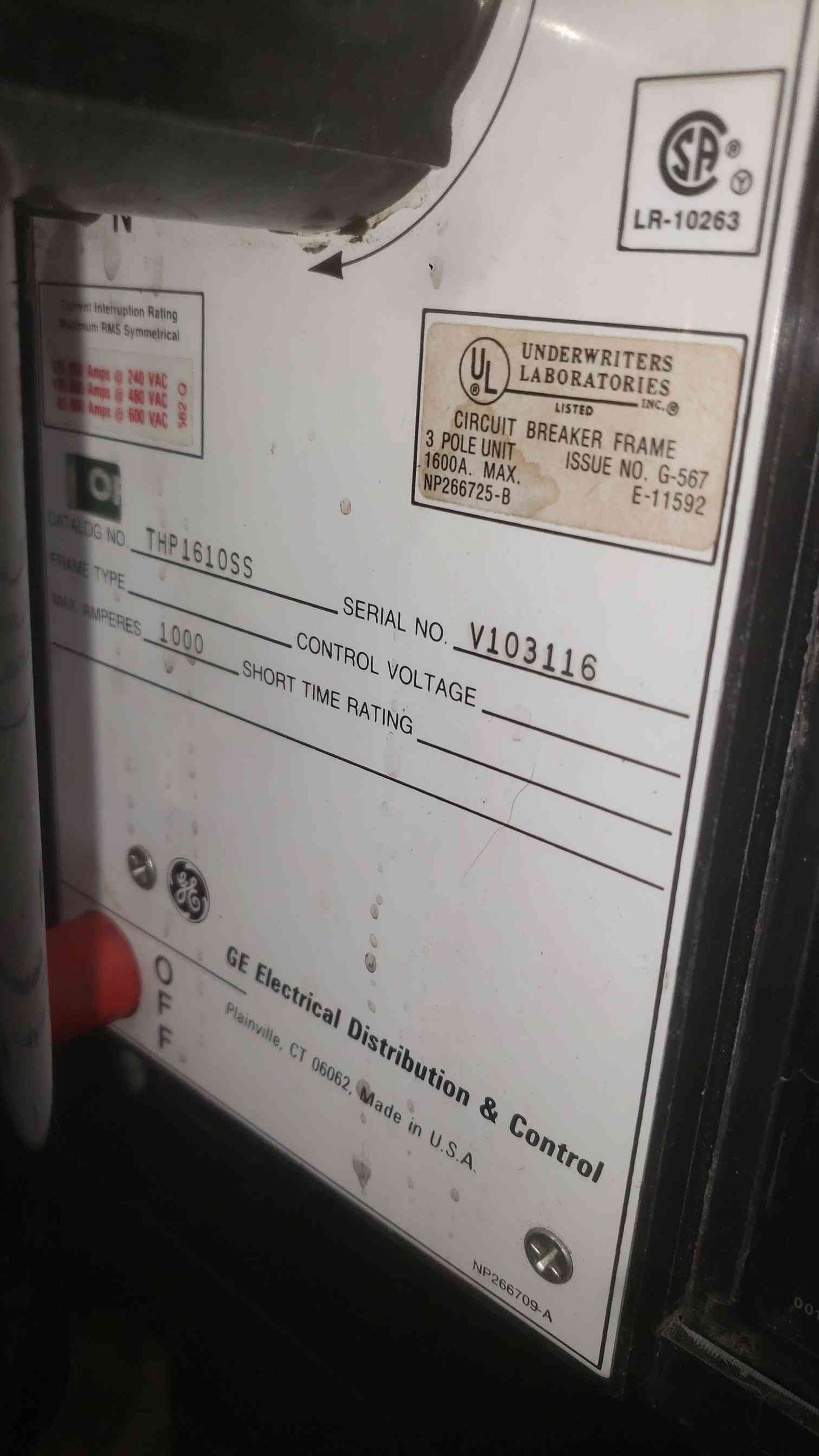 GE Power Break THP1610SS 1000A 3 Pole Circuit Breaker RMS-9 MicroVersaTrip 1000 Amps