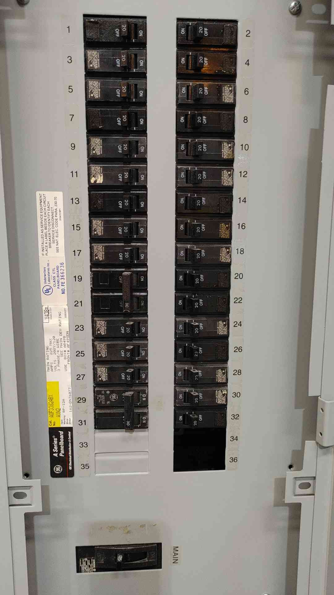 GE A-Series 125A Main Breaker Panelboard 208Y/120V 3 Phase Enclosure W/ Breakers
