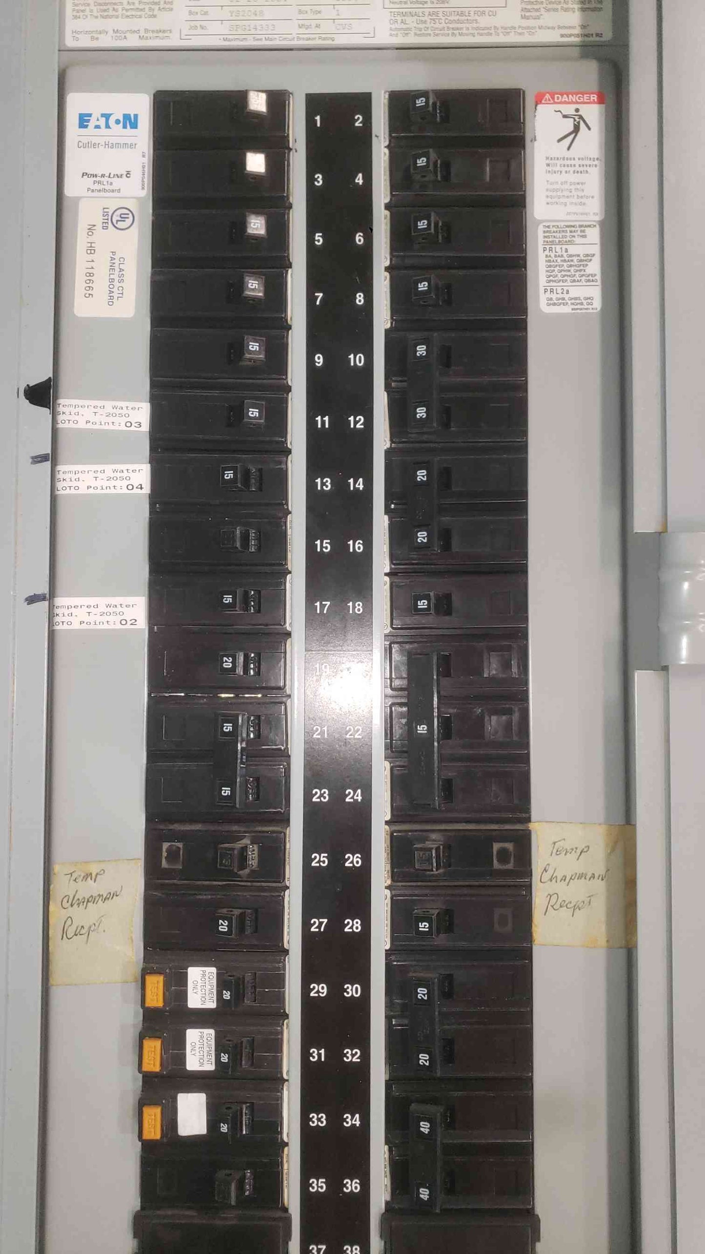 Eaton Cutler-Hammer PRL-1A Panelboard 100A Main EHD3100 Mixed 15A 20A 30A 40A 3PH