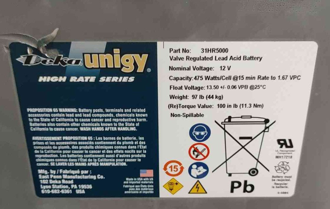 Deka Unigy 31HR5000 12V 475W High Rate VRLA AGM UPS Solar Backup Battery 97 lbs