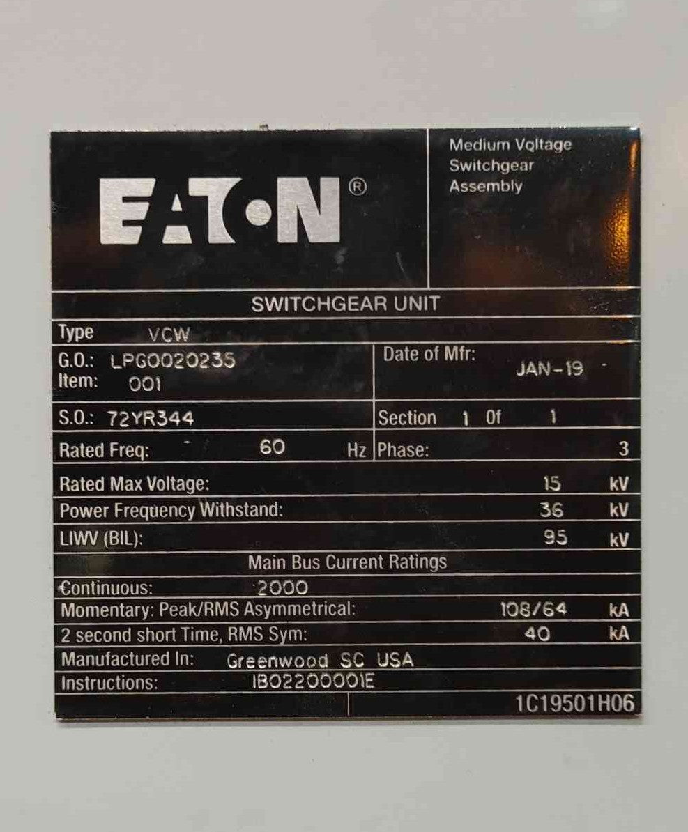 Eaton 2000A VacClad-W 15kV Switchgear Control Cabinet Enclosure Mimic Panel Type VCW