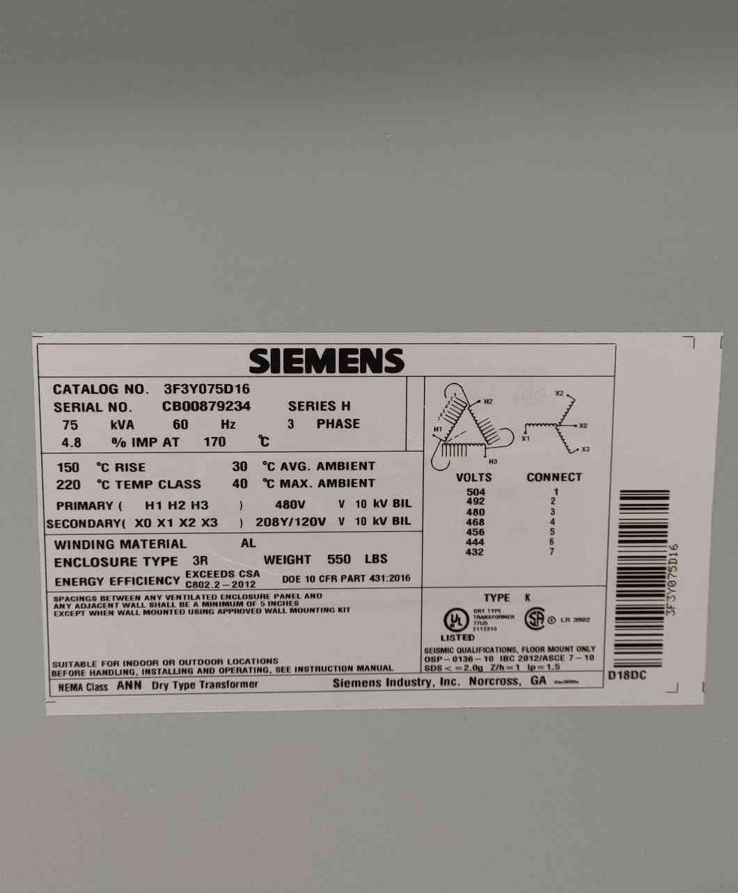 Siemens 75 kVA 3 Phase Transformer 480V to 208Y/120V NEMA 3R Dry 3F3Y075D16