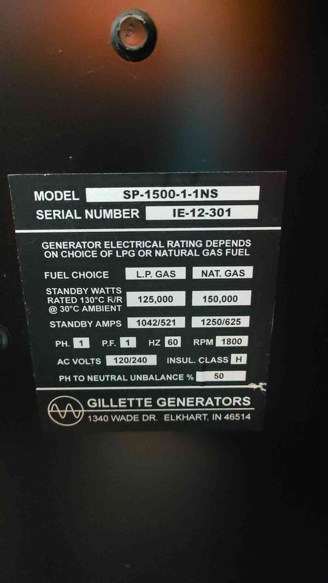 Gillette 150kW Standby Generator SP-1500 Single Phase 120/240V Nat Gas LP 626 Hrs TESTED