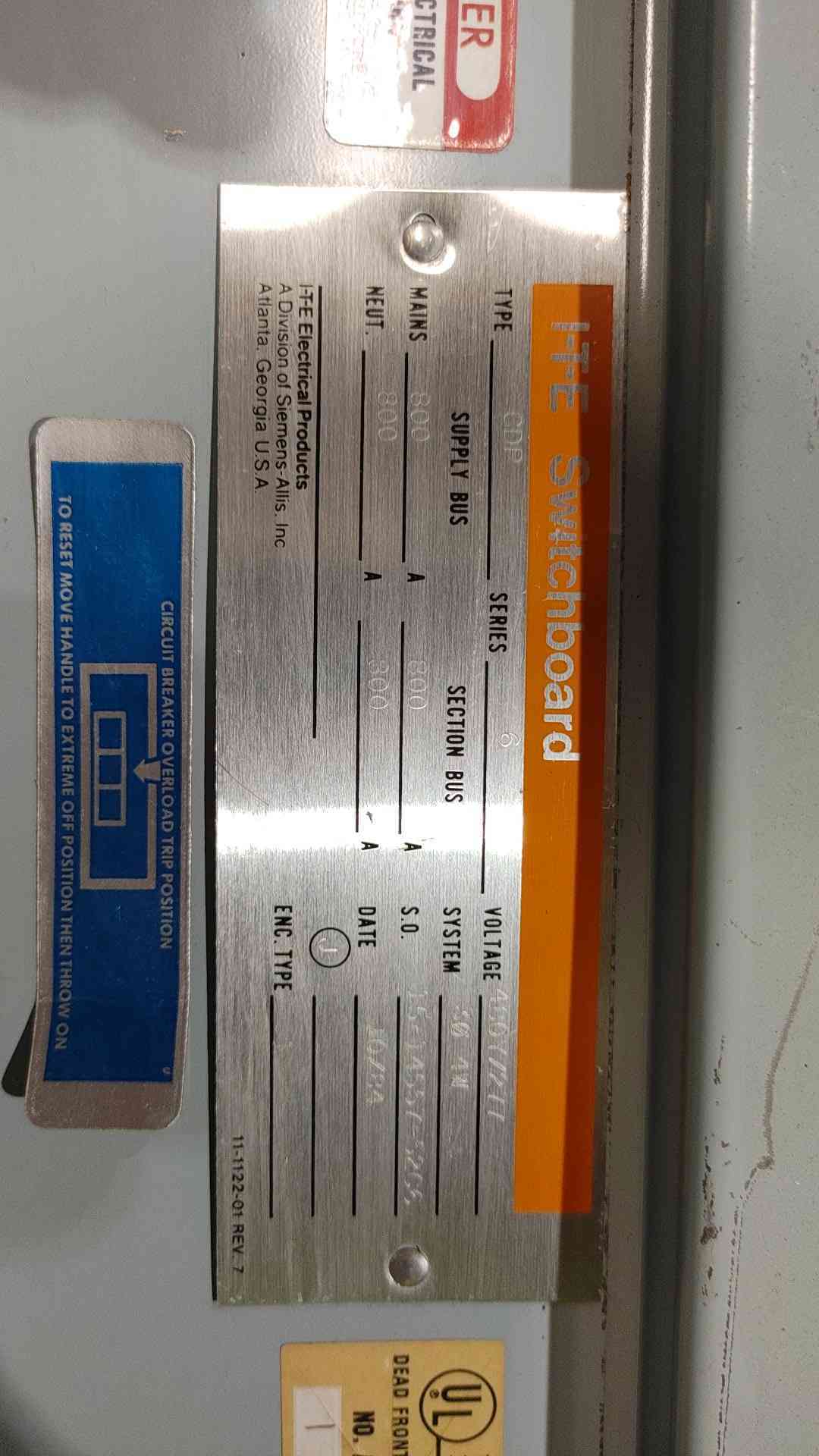 ITE Siemens CDP Series 6 Panelboard 800A 480V 3PH 4W Switchboard Distribution