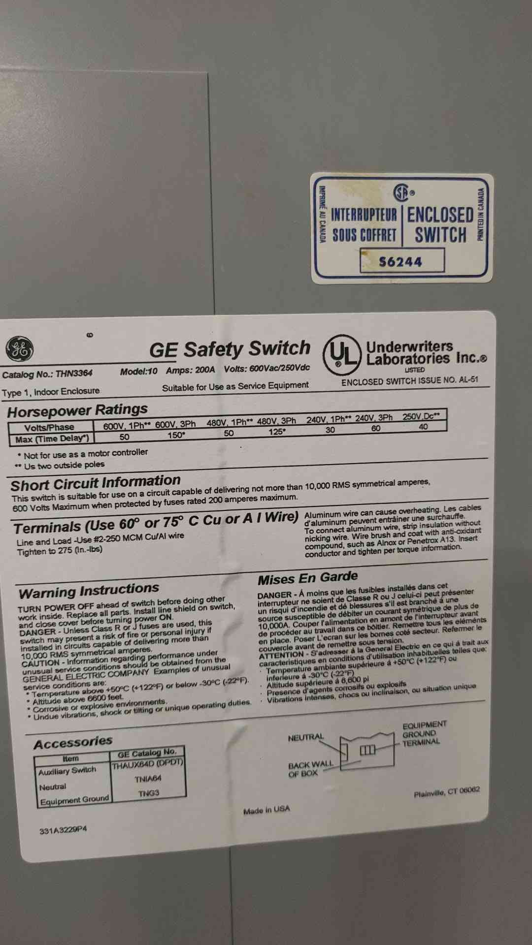 GE THN3364 200A 600V 3 Pole 3 Phase Heavy Duty Non-Fusible Safety Switch NEMA 1