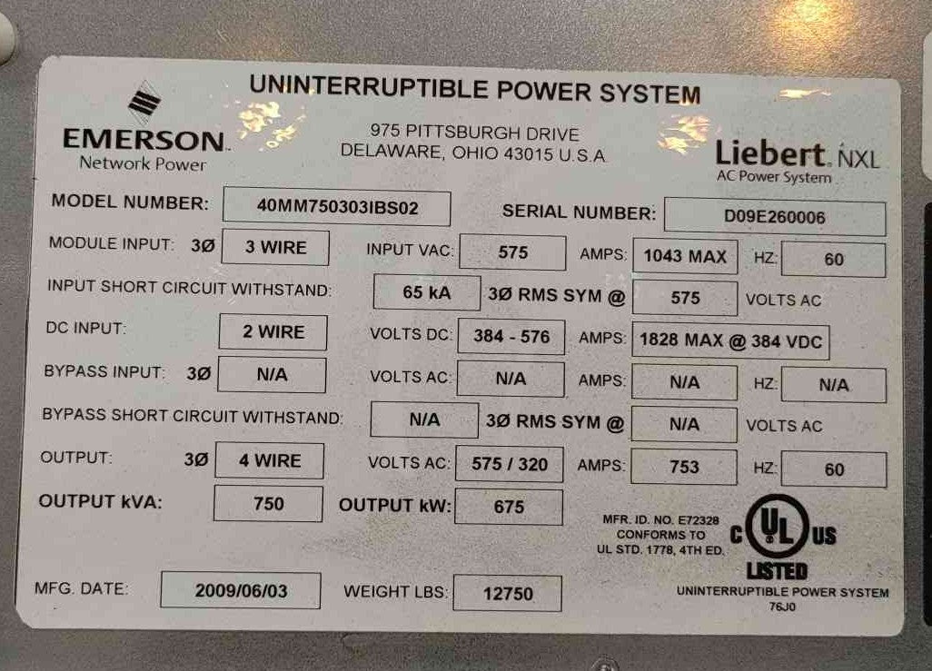 Liebert NXL 750kVA 3 Phase UPS System 575V 40MM750303IBS02 Siemens 1200A Breaker