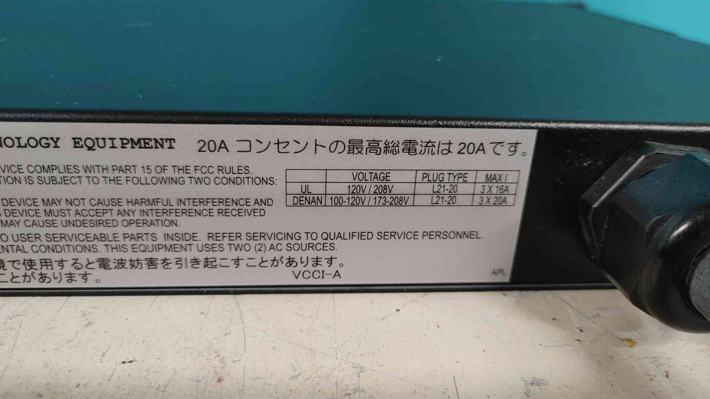 APC AP7701 Rack Automatic Transfer Switch ATS 208V 3-Phase NEMA L21-20 1U 5.7kW