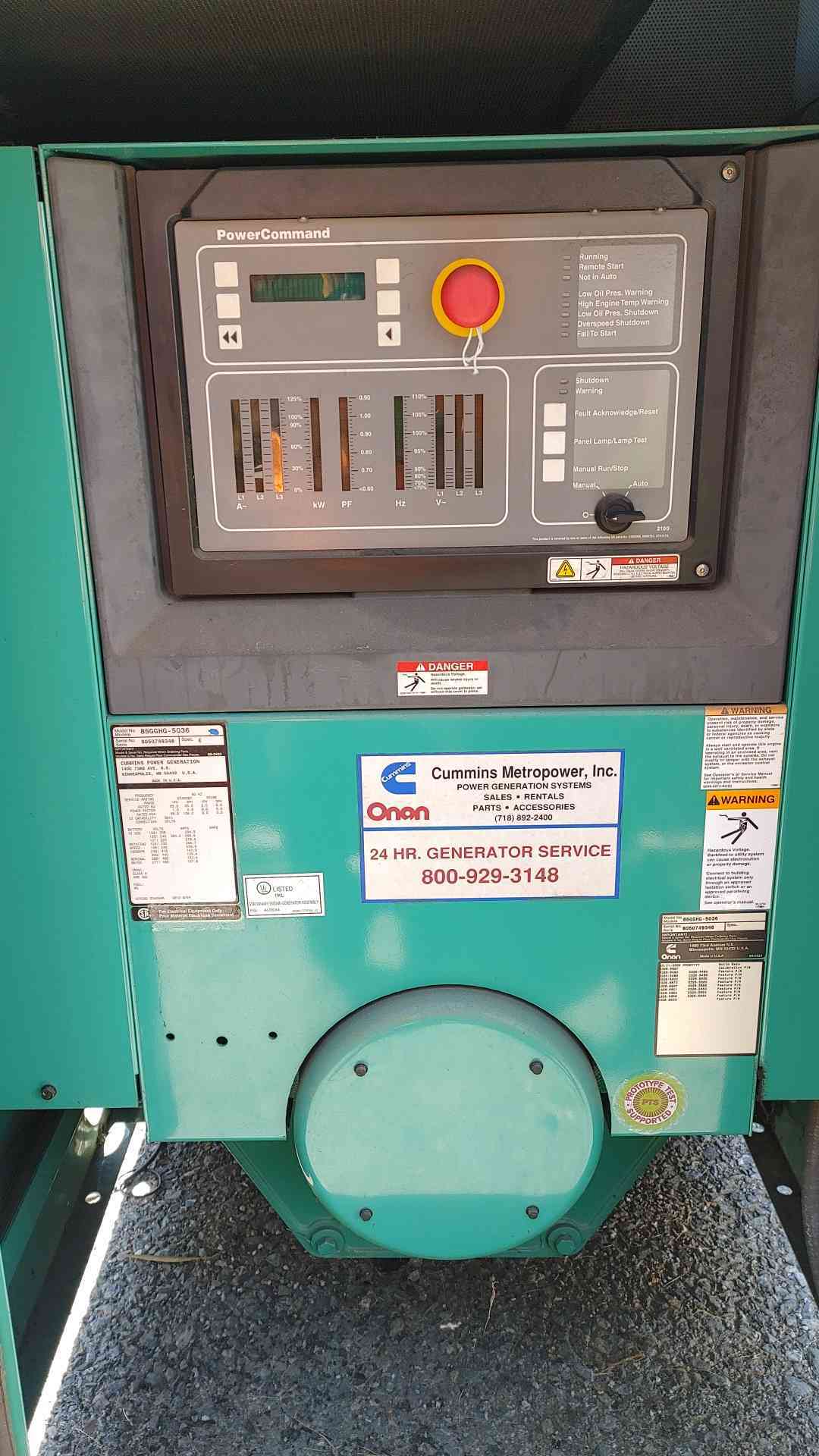 85KW Cummins 85GGHG-5036 120/240V 354.2/255.9A 1&3PH LP/NG 1468 Hrs. TESTED