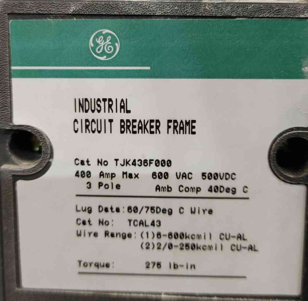GE TJK436F000 400 Amp 3 Pole 600V Circuit Breaker TJK436400 Enclosed UPS Feed