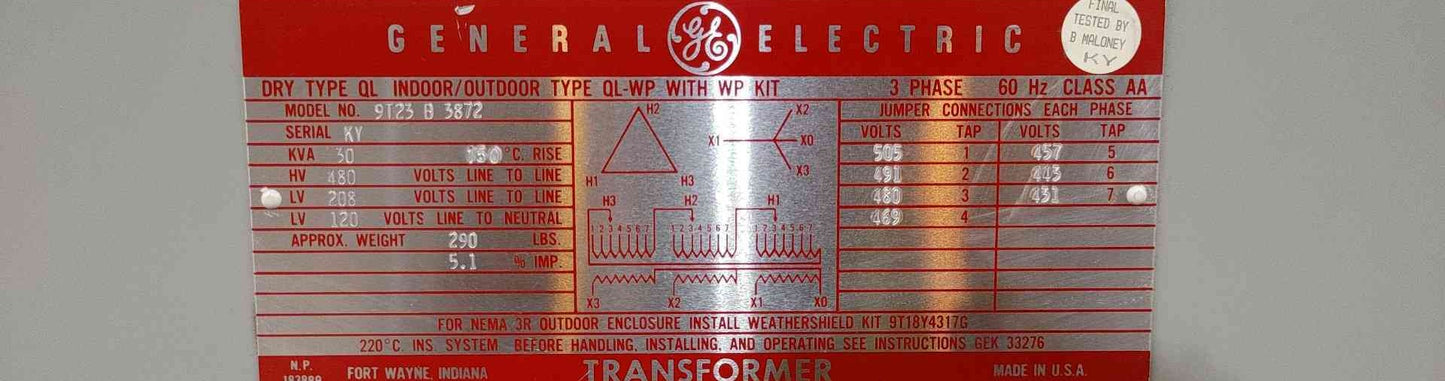 GE 30 KVA Transformer 9T23B3872 3 Phase 480V to 208Y/120V Dry Type QL-WP