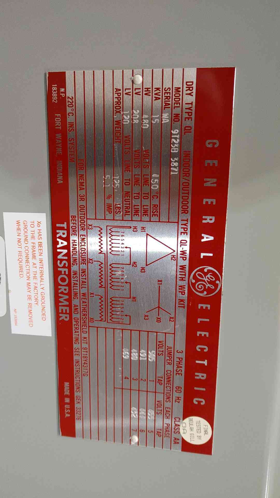 GE 15 KVA Transformer 9T23B3871 3 Phase 480V to 208Y/120V Dry Type QL-WP
