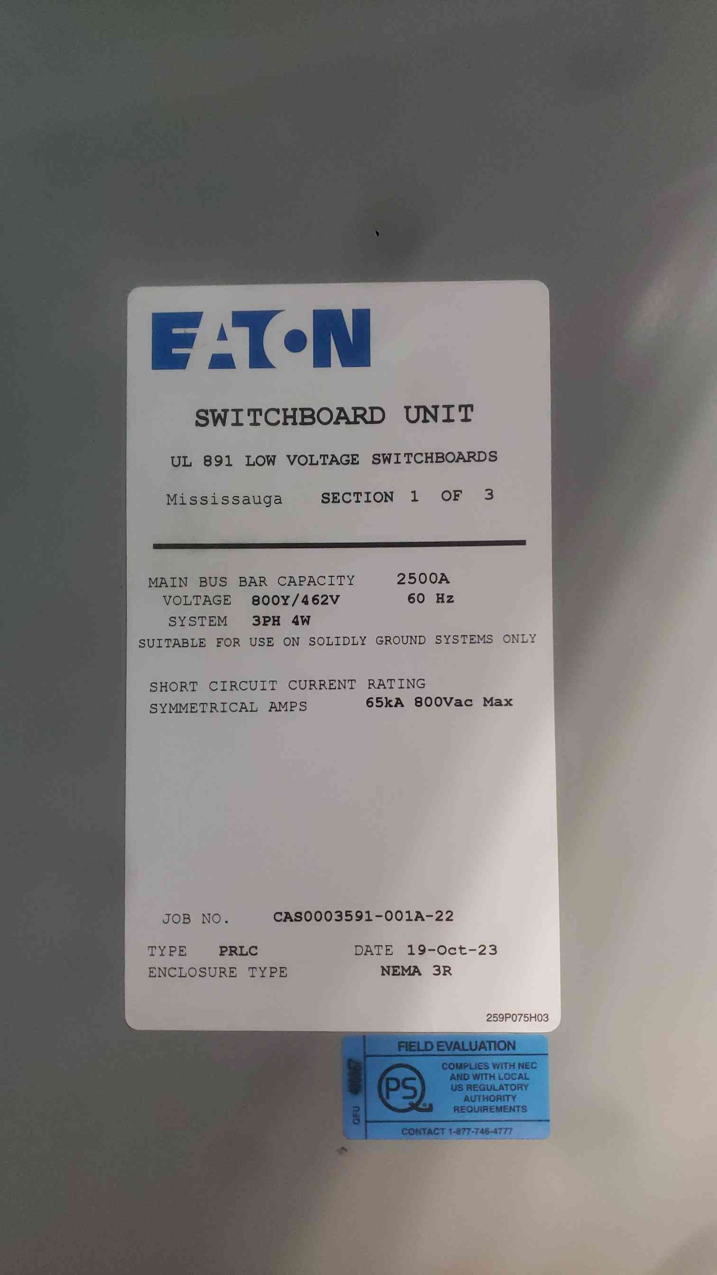 NEW Eaton 2500A 800V 3PH 4W Switchgear 3 Section Lineup (SKU: 114508)