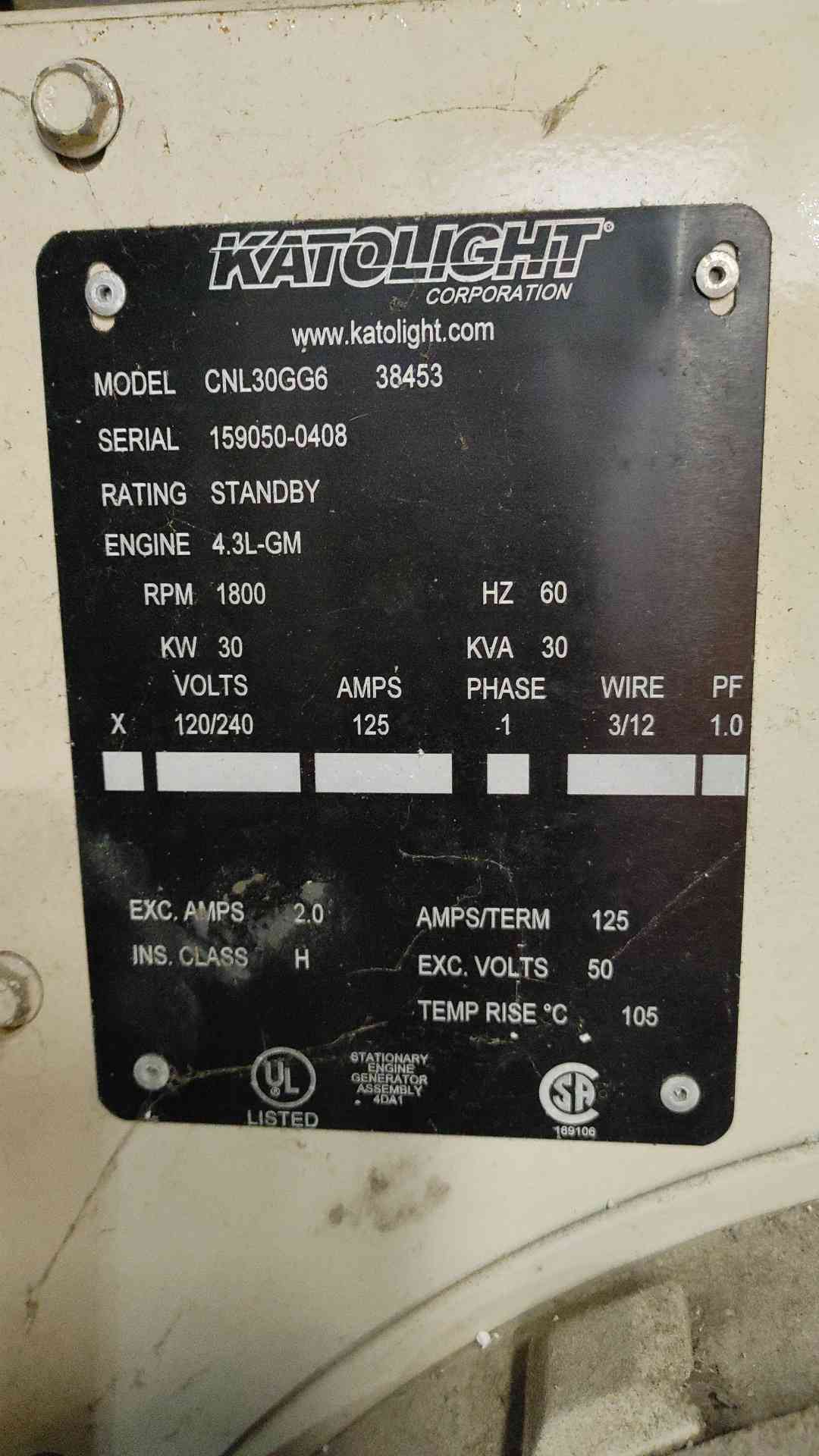 Katolight 30kW Natural Gas LP Generator CNL30GG6 GM 4.3L 120/240V 280 Hrs Sound