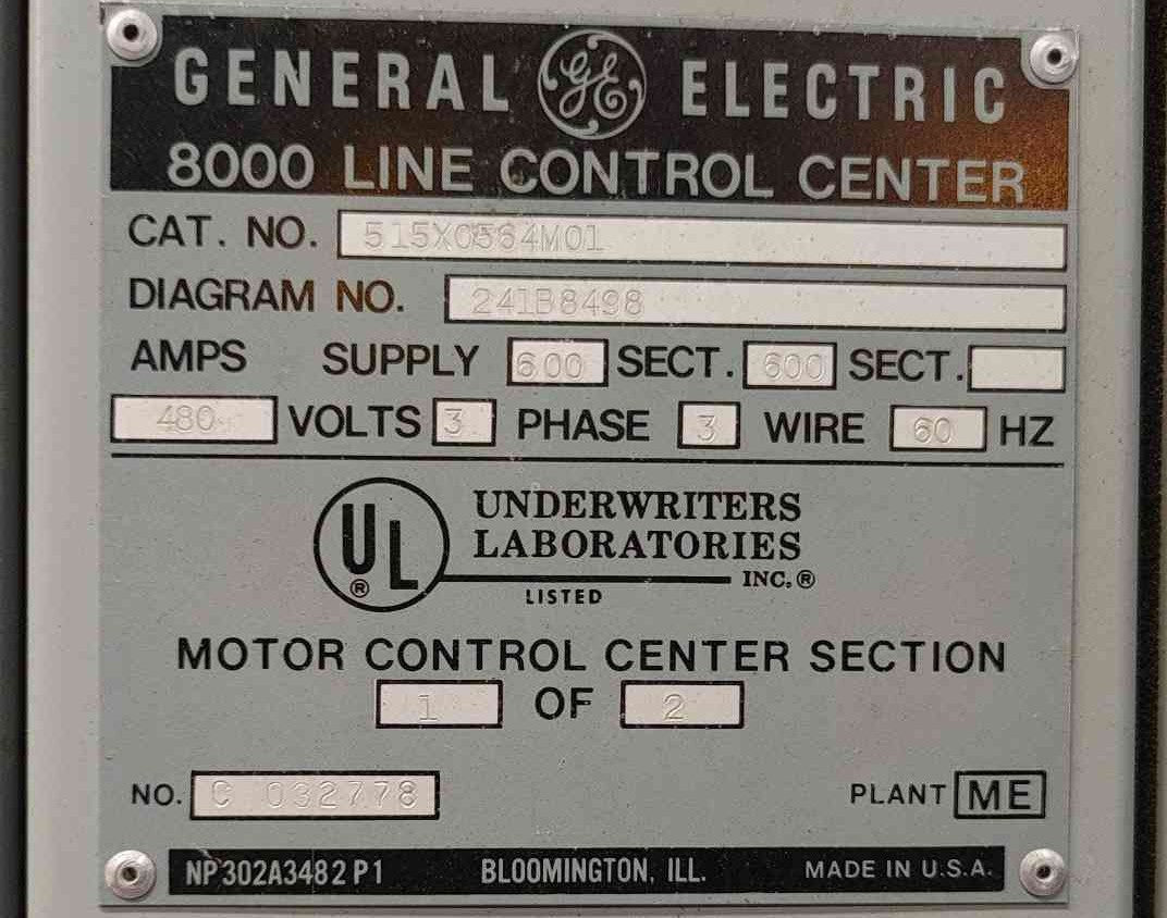 GE 8000 Line Motor Control Center 2 Section 600A 480V MCC 515X0564M01 Buckets