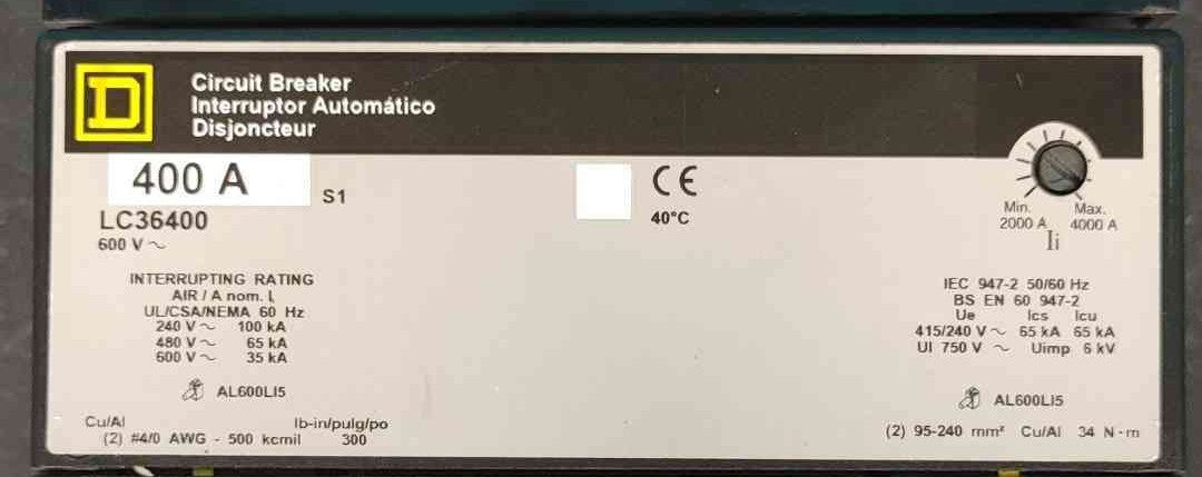 Square D LC36400 3 Pole 400A 600V Molded Case Circuit Breaker L-Frame 65kA