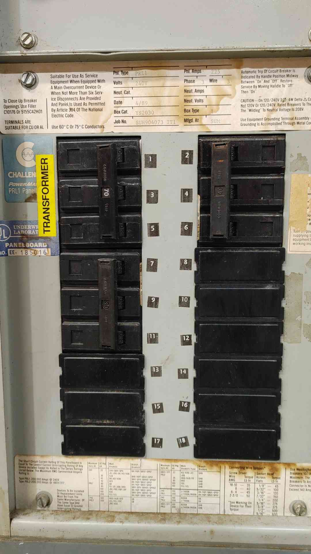 Challenger PowerMaster PRL1 225A 240V Panelboard Load Center w/ 3P Breakers