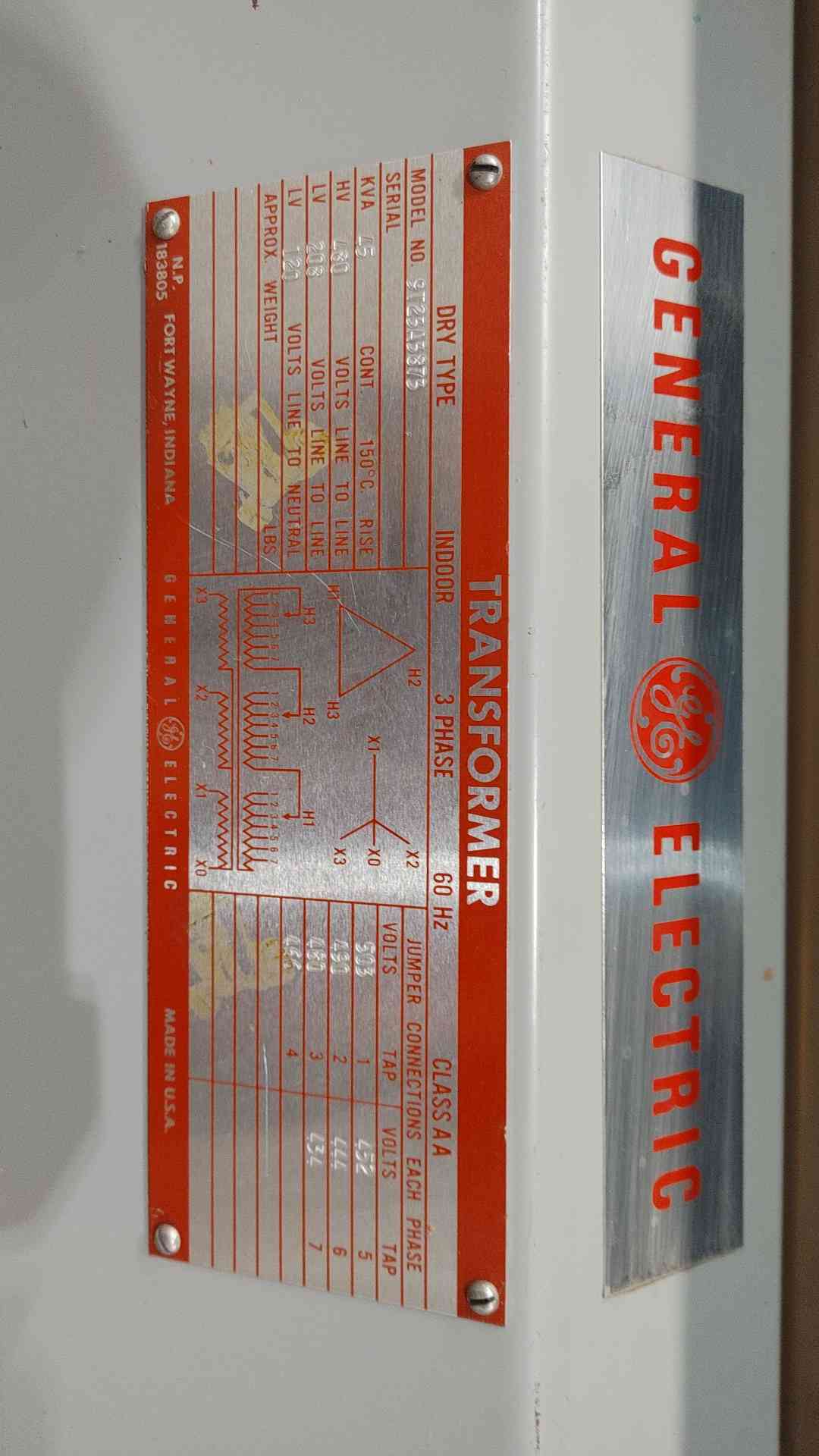 GE 45 KVA Dry Type Transformer 3PH 480V 208Y/120V Quiet Type 9T25A3873 9T23B3873