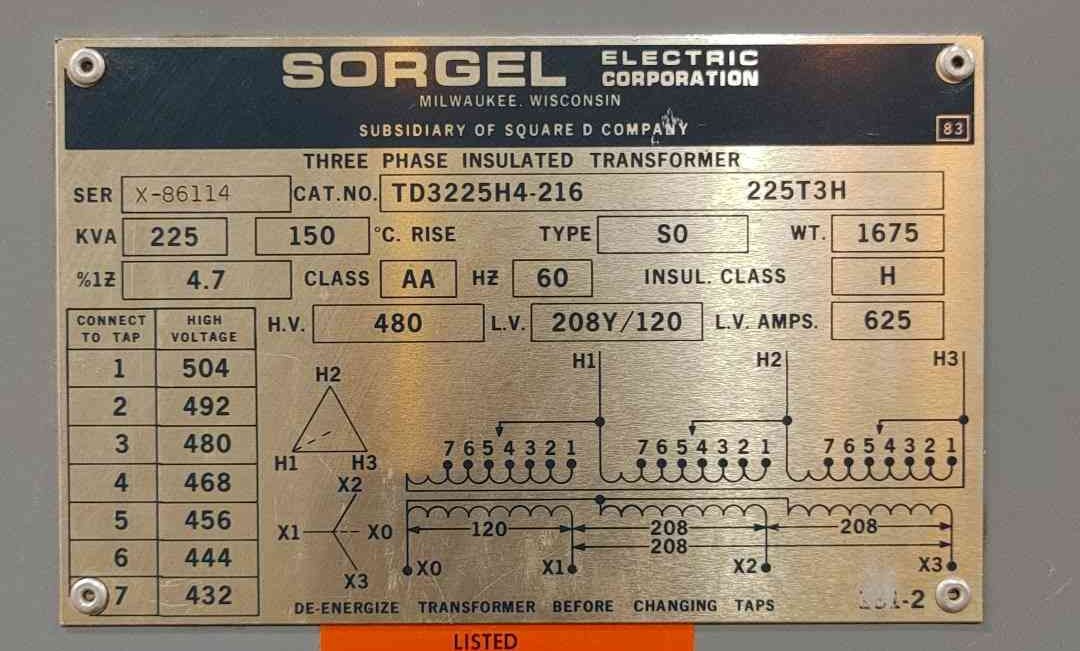 Square D Sorgel 225 KVA Dry Type Transformer 3PH 480V 208Y/120V TD3225H4 225T3H