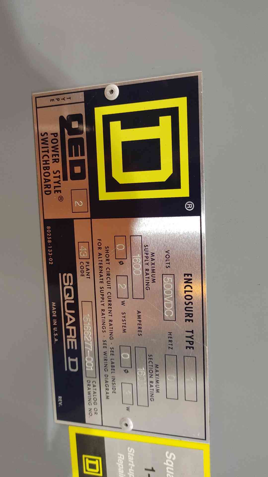 Square D QED-2 Power-Style Switchboard 1600A 500VDC Single Section PAF Breaker