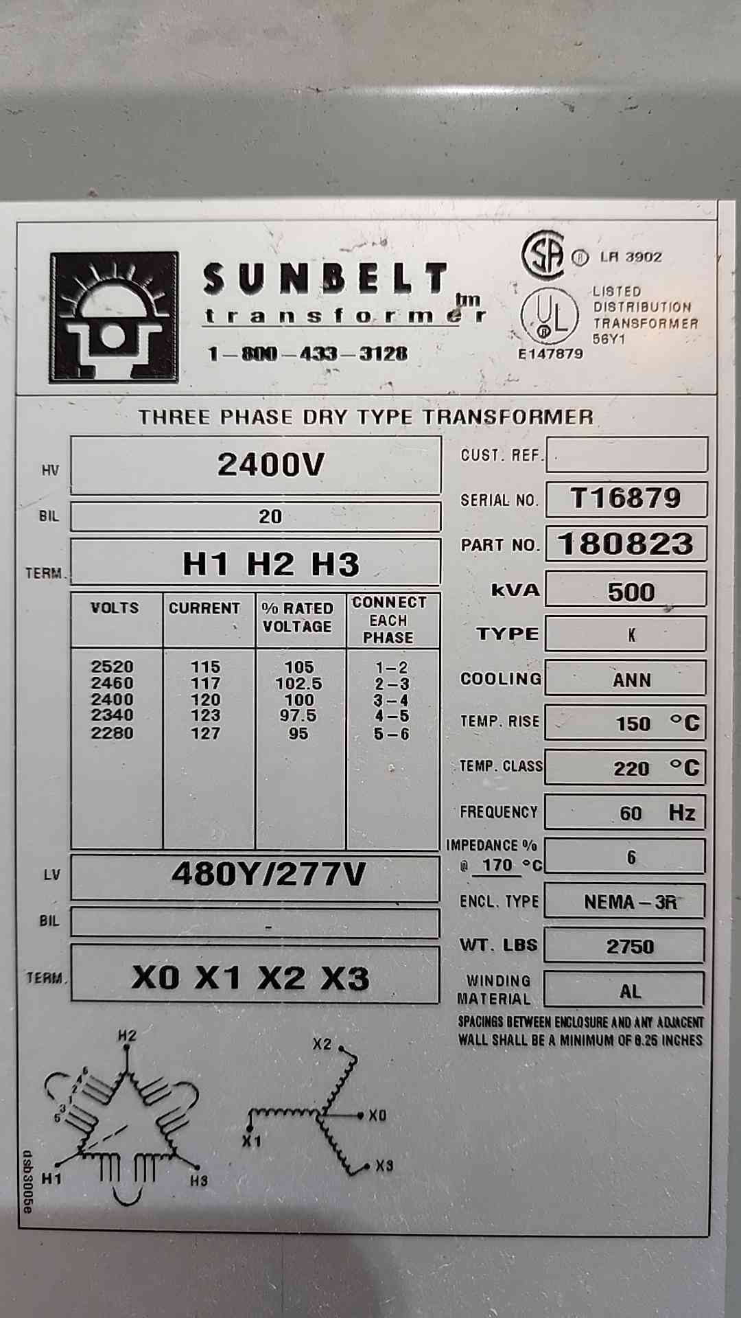 Sunbelt 500 kVA Dry Type Transformer 2400V to 480Y/277V 3 Phase NEMA 3R 500kVA