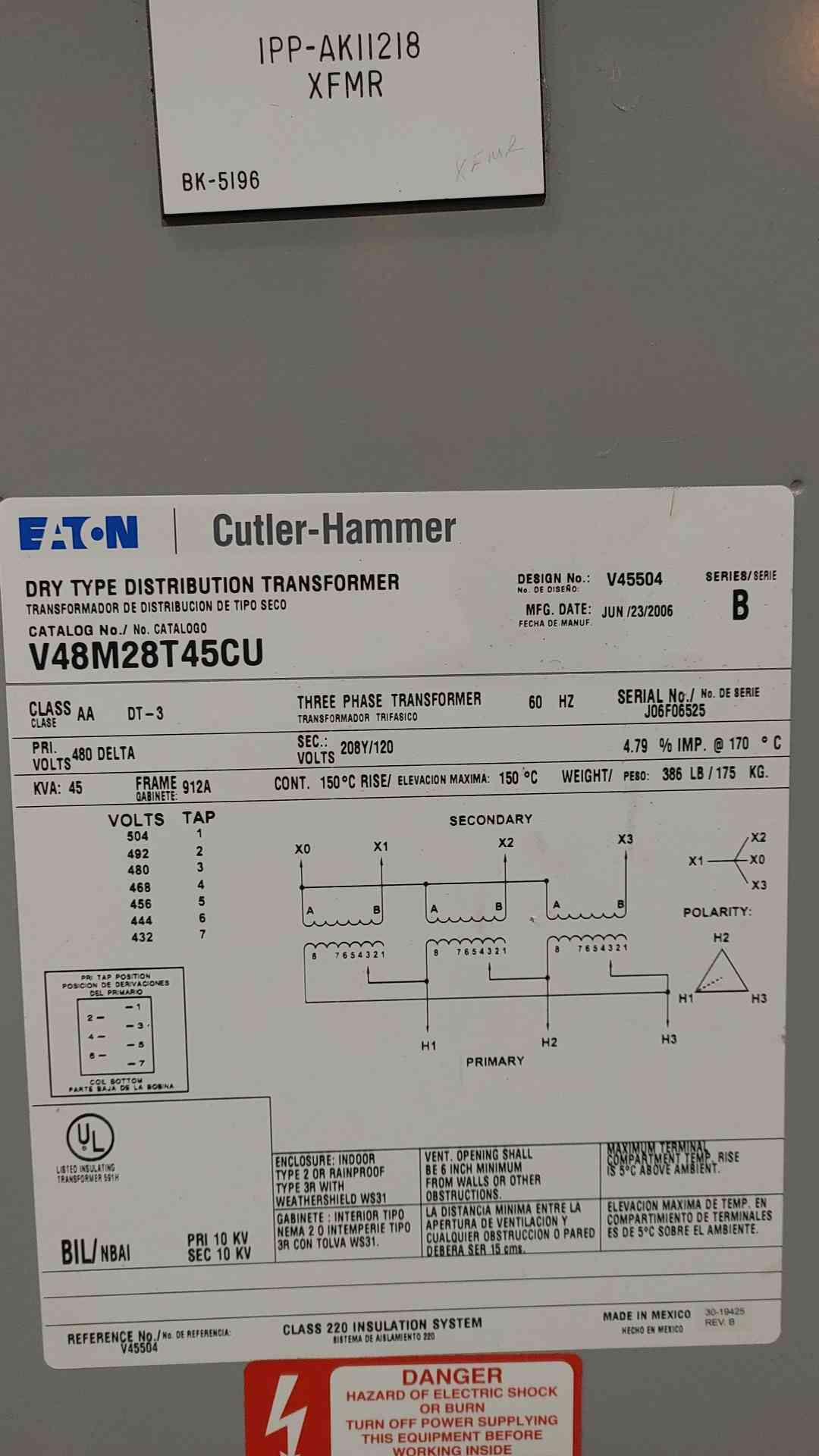 Eaton Cutler Hammer 45 kVA Transformer 480V to 208Y/120V 3Ph Copper V48M28T45CU