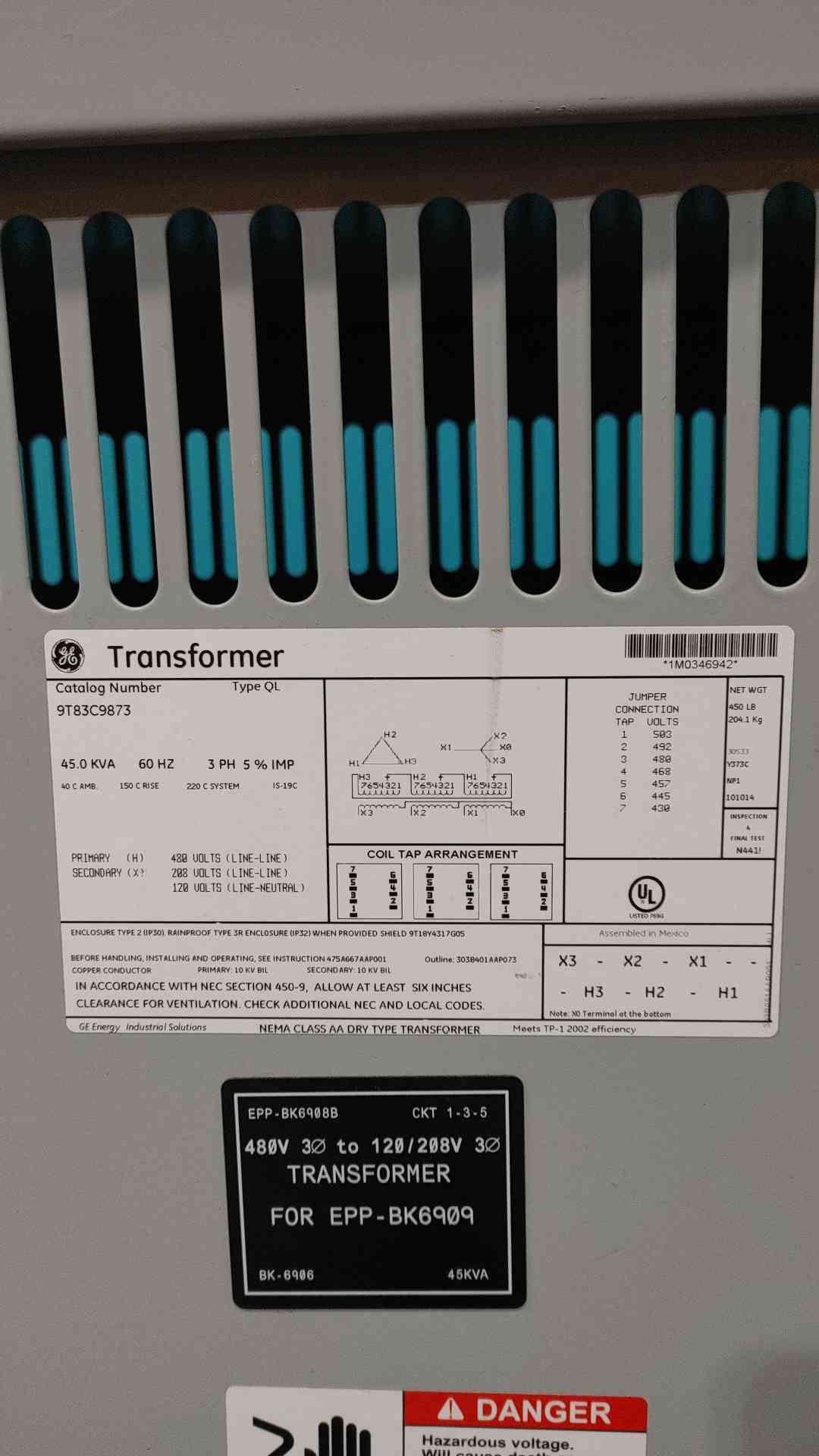 GE 45 kVA Transformer 480V to 208Y/120V 3 Phase Dry Type 45kVA 9T83C9873