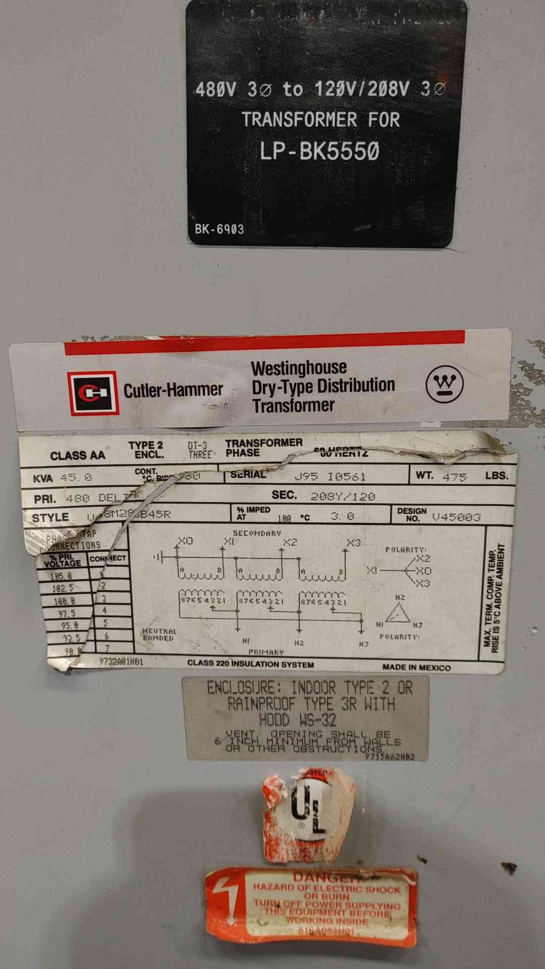 Cutler Hammer 45 kVA Transformer 480V to 208Y/120V 3 Phase 45kVA V48M28B45R