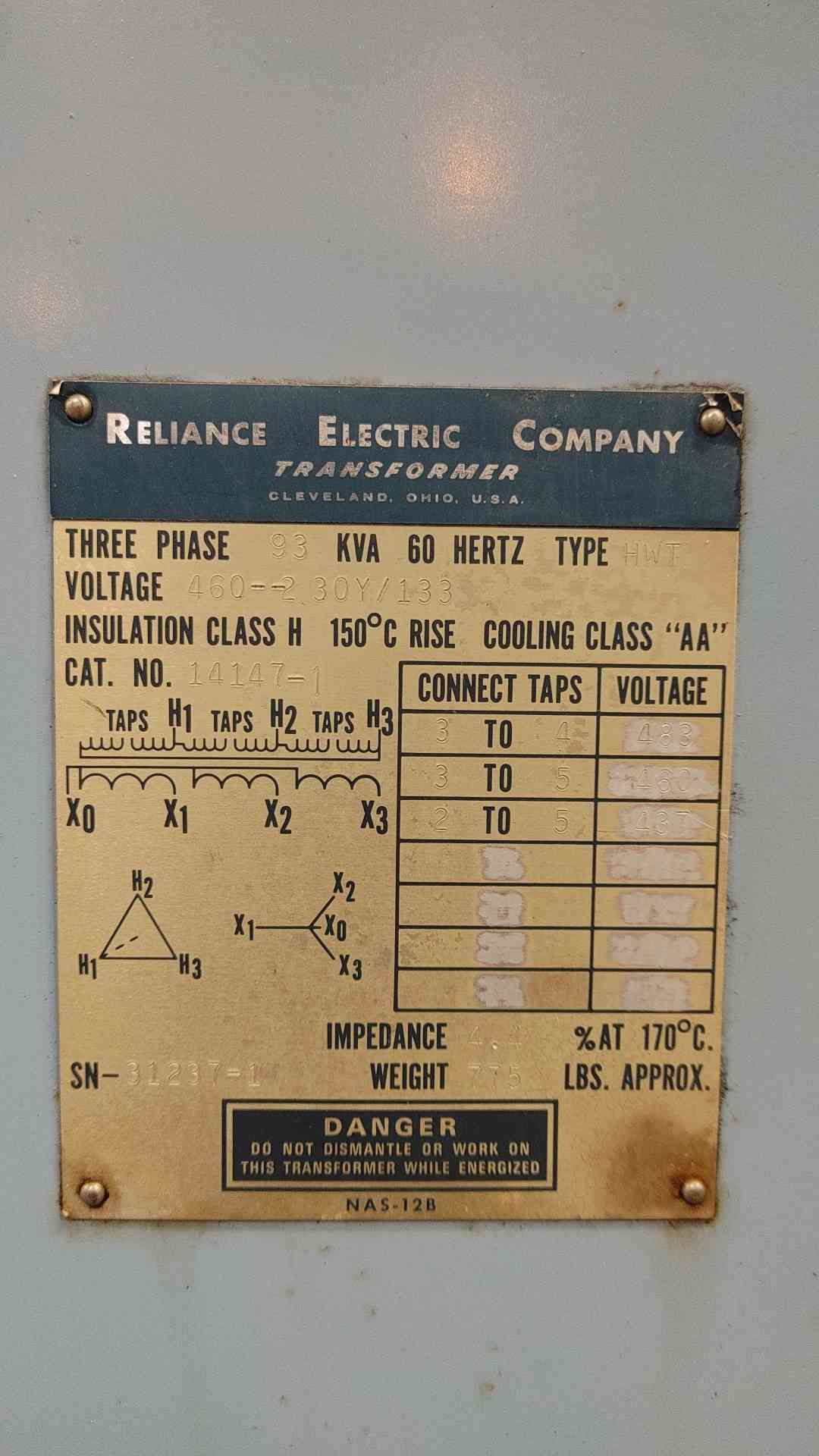 Reliance Electric 93 kVA Dry Type Transformer 460V to 230Y/133V 3 Phase 93kVA