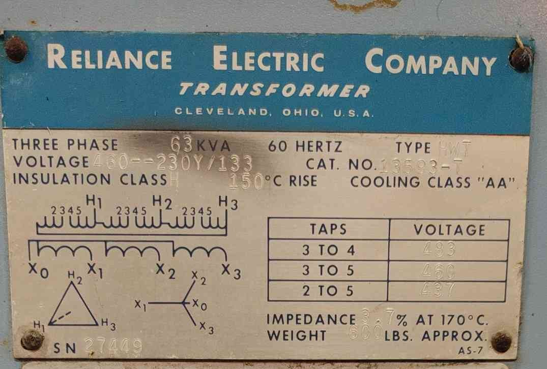 Reliance Electric 63 kVA Dry Type Transformer 460V to 230Y/133V 3 Phase 63kVA