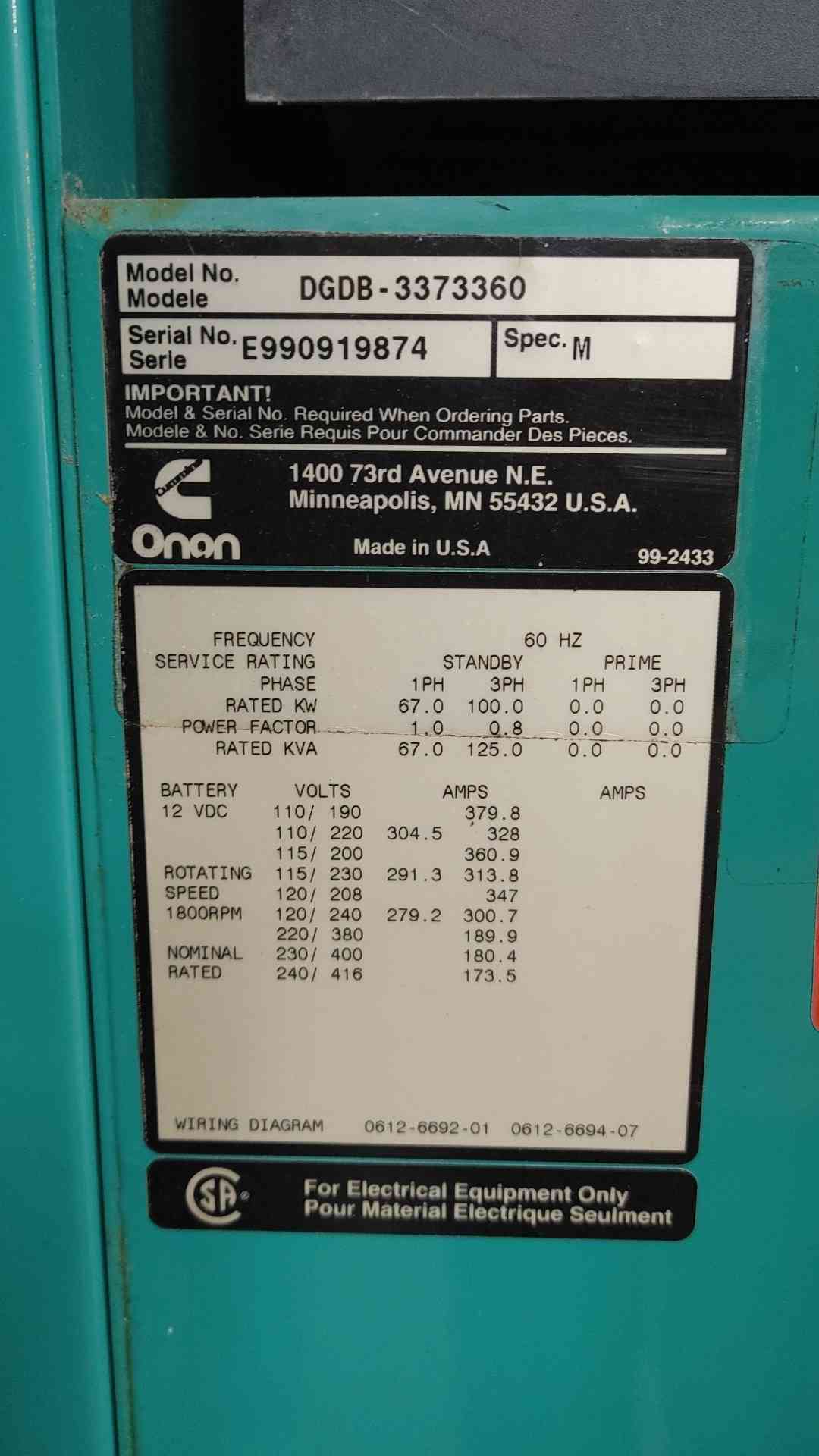 Onan Cummins 67KW 1PH 100KW 3PH Diesel Generator (MODEL No. DGDB-3373360) 937.3Hrs TESTED (SKU: 114681)