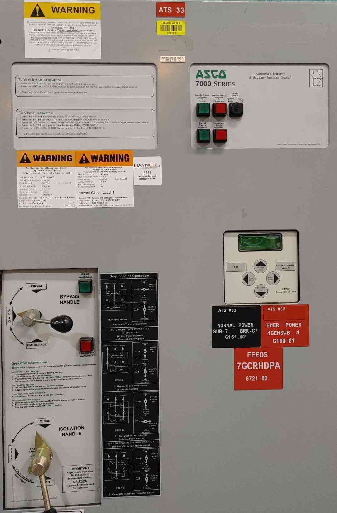 ASCO 7000 Series 260A 480V 3PH Bypass Isolation Transfer Switch E07ATBC30260N5XC