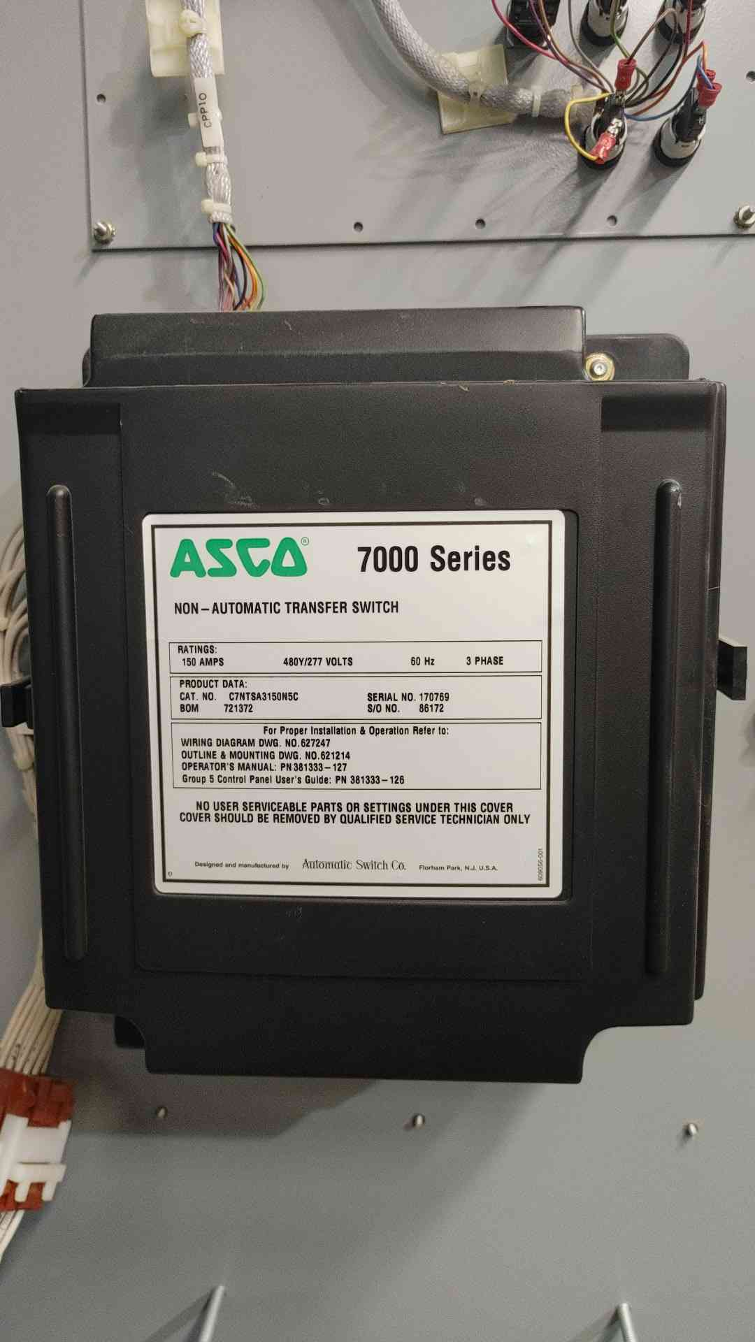 Asco 150A, 480Y/277V, 60Hz, 3PH 7000 Series Non-Automatic Transfer Switch (Sku 114699)