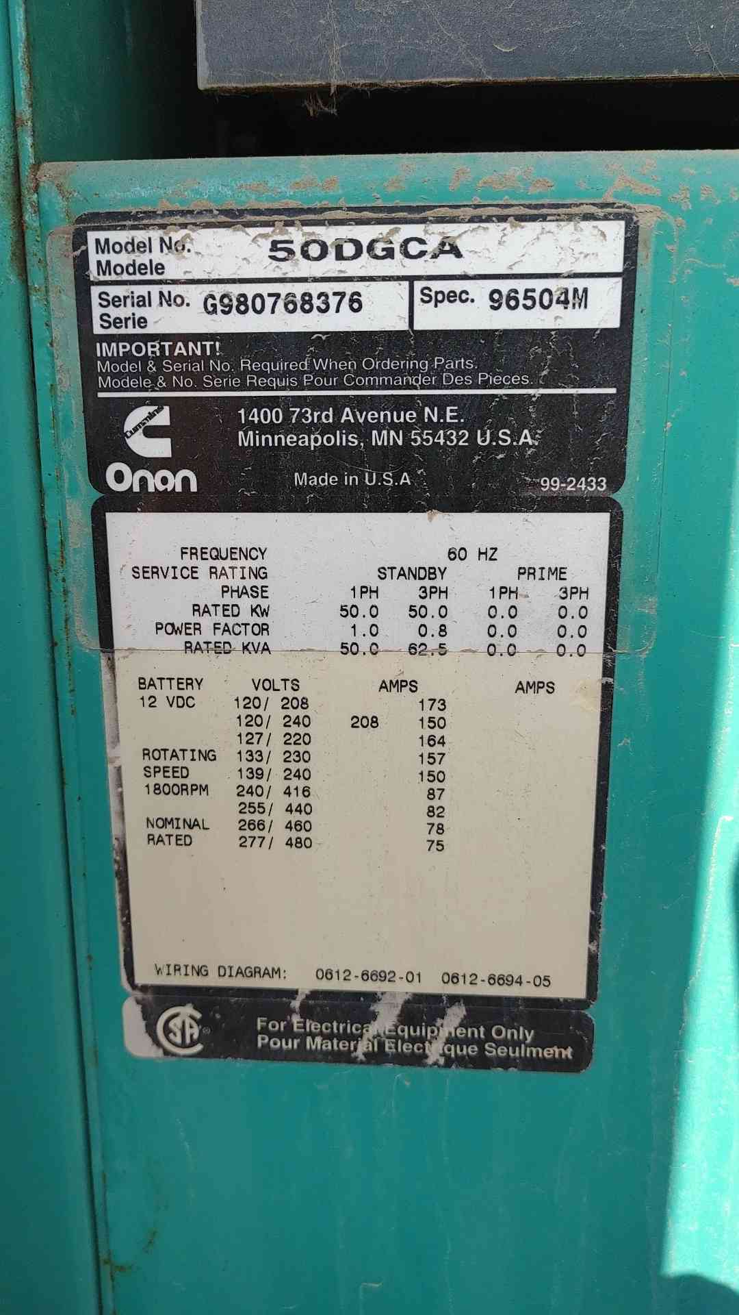 Cummins Onan 50DGCA 50 kW Diesel Generator 120/240V 277/480V Subbase Tank 742Hr