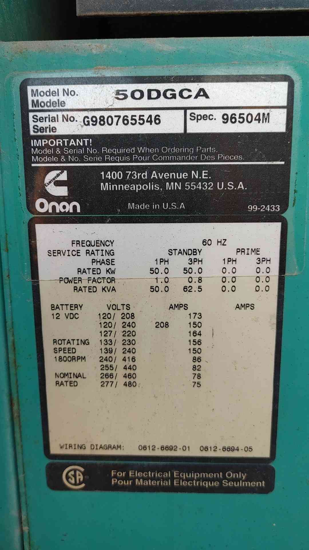 Cummins Onan 50DGCA 50 kW Diesel Generator 120/240V 277/480V 100Gal Tank 857Hr
